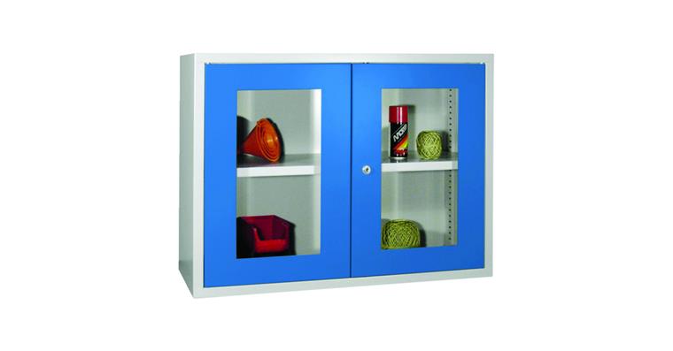 1084847109 Hang. cab. back pan. smooth doors w/ view. window W800mm RAL7035/5012 light blue