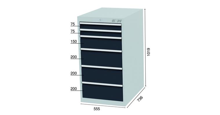1084301305 Schubladenschrank 6 Schubladen 7035/7016 2x75, 1x150, 3x200mm 555x736x1019mm