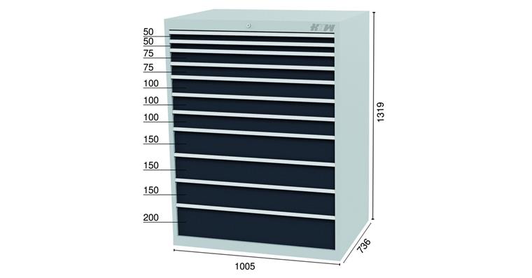 Drawer cabinet 11 drawers 7016 2x50 2x75 3x100 3x150 1x200mm 1005x736x1319