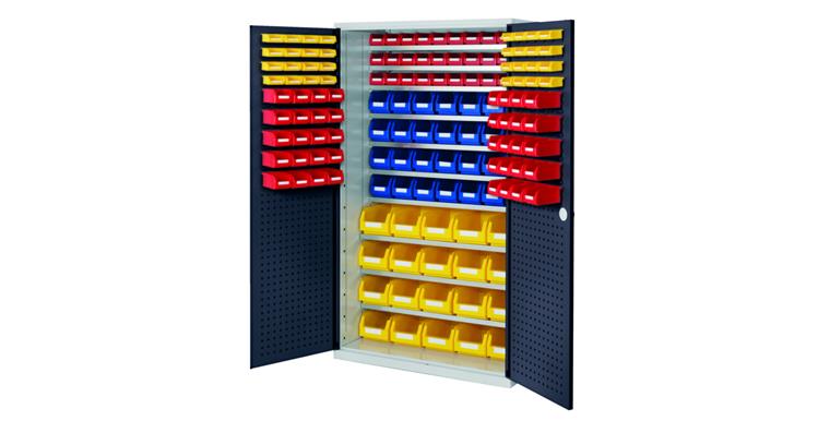 Großraumschrank H1950 x B1130 x T590 mm 150Kästen 10 Böden RAL 7035/7016