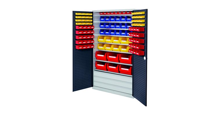 Großraumschrank H1950 x B1130 x T590 mm 119Kästen 8 Böden RAL 7035/7016