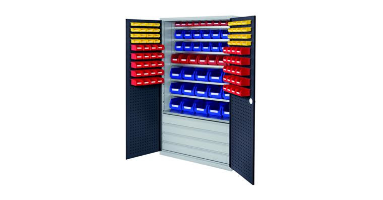 Großraumschrank H1950 x B1130 x T590 mm 118Kästen 7 Böden RAL 7035/7016
