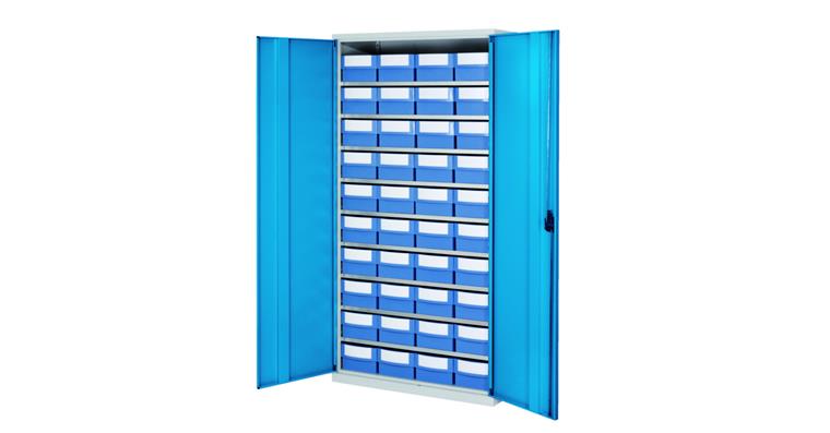 Storage cabinet H1950xW1000xD500 mm including 40 boxes RAL 7035/5012