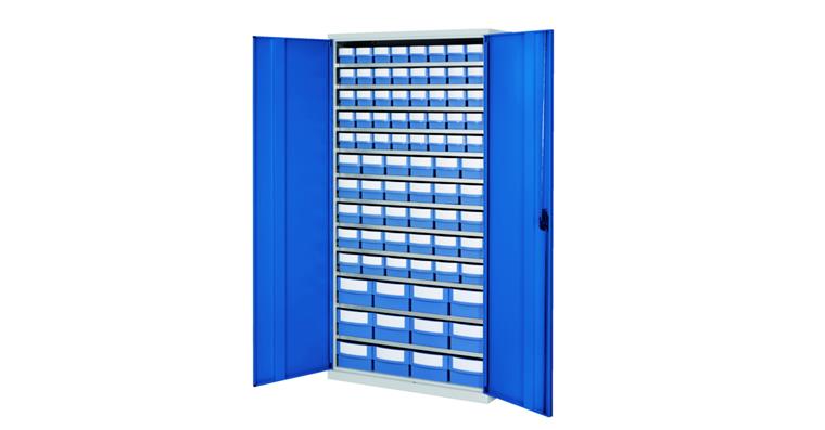 Storage cabinet H1950xW1000xD500 mm including 82 boxes RAL 7035/5010