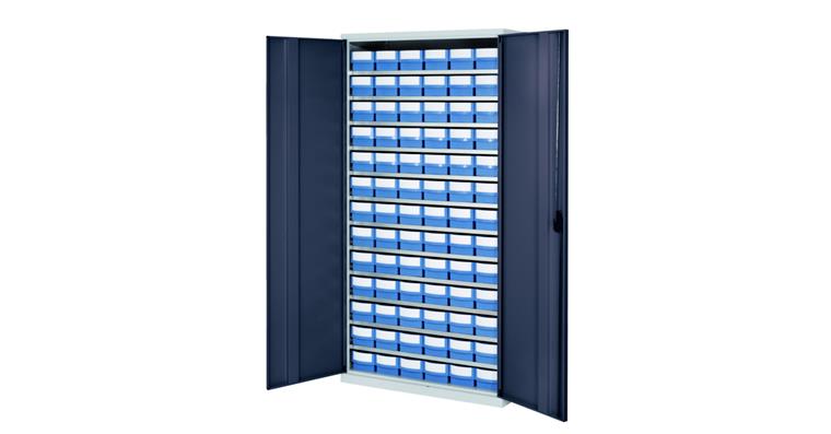 Storage cabinet H1950xW1000xD500 mm including 78 boxes RAL 7035/7016