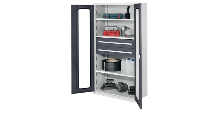 Schwerlastschrank H1950xB1000xT600mm 3Böden+2Schubladen Sichtfenster 7035/7016