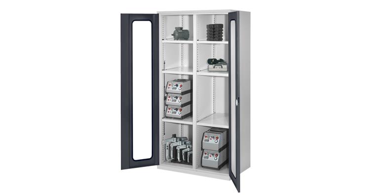 Schwerlastschrank H1950xB1000xT600mm 6 Fachböden mit Sichtfenstertüren 7035/7016
