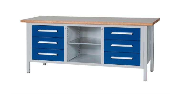 Kastenwerkbank B2000 x T750 x H840mm 6 Schubladen RAL7035/5010