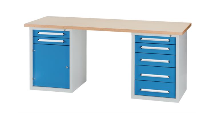Combination workbench series DB W2000xD750xH840mm RAL7035/5012 1x door 7x drawer