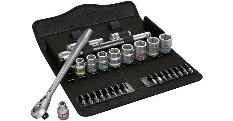 3/8 inch Zyklop metal socket wrench set in robust, folding, fabric bag 29 pcs