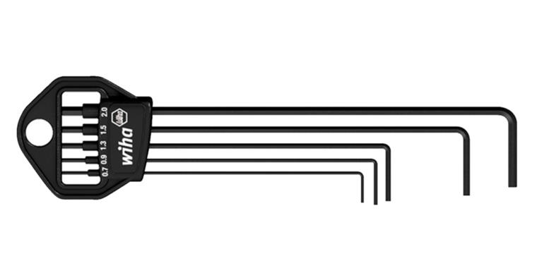 6kant-Stiftschlüssel-Satz lang 5-teilig SW 0,7/0,9/1,3/1,5/2,0 mm im Halter