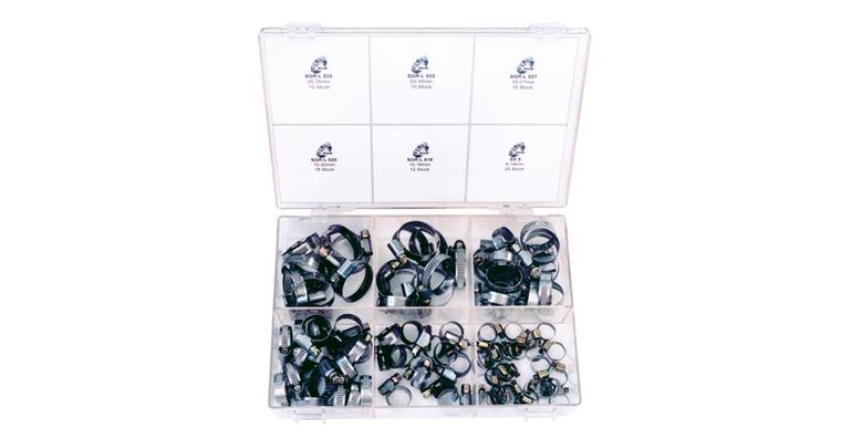 Hose clamp assortment, 90 pieces, worm thread clamps + hexagon screw