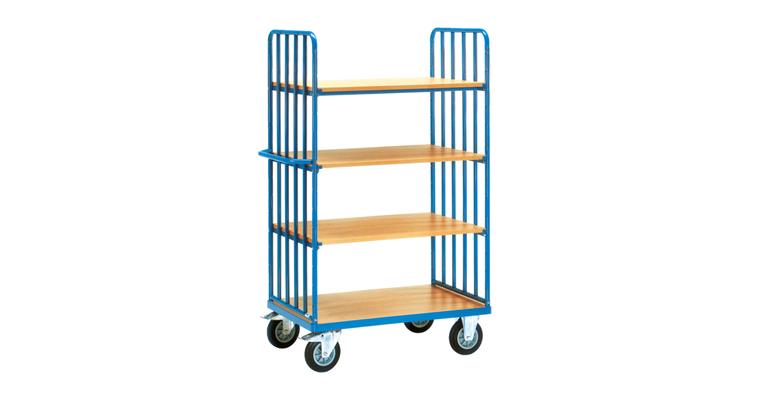 Shelf trolley with pipe struts 4 shelves load cap. 600 kg 1200x800 mm RAL 5007