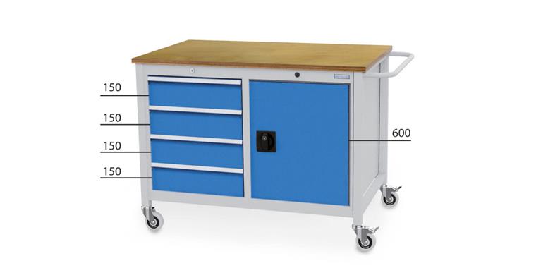 Workbench, mobile, 1 door 4 drawers HxWxD 935x1250x750 mm RAL 7035/5012