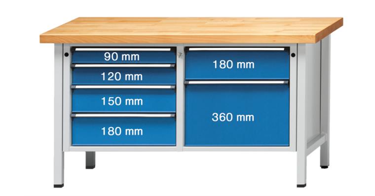 Kastenwerkbank Serie V H=850mm Buche-Massiv-Platte 1500x700mm RAL7035/5012 145kg