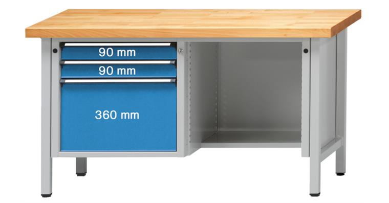 Kastenwerkbank Serie V H=850mm Buche-Massiv-Platte 1500x700mm RAL7035/5012 115kg