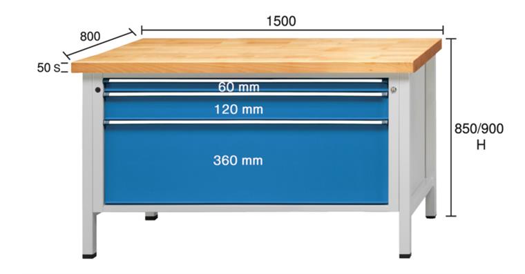 Cab. workbench series VX H=850mm beech univ. pl. 1500x800mm RAL7035/5012 148kg