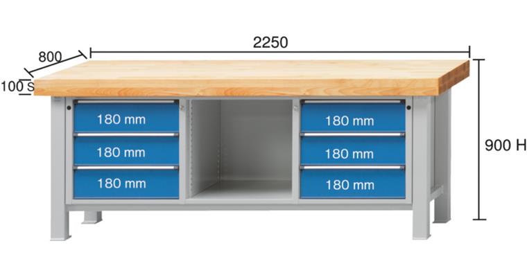 Heavy workbench series VS H=900mm beech solid plate 2250x800mm RAL7035/5012