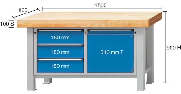 Heavy-duty workbench 1500x800x900mm model 106VS beech solid plate RAL 7035/5012