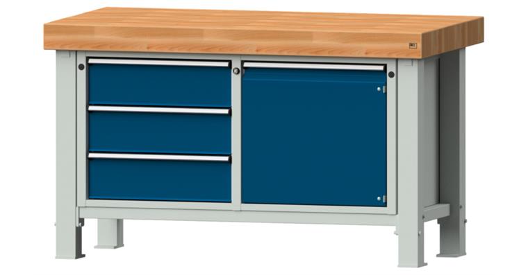 Heavy-duty workbench 1500x800x900mm model 106VS beech solid plate RAL 7035/5010