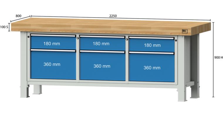 Heavy-duty workbench 2250x800x900mm model 223VS beech solid plate RAL 7035/5012