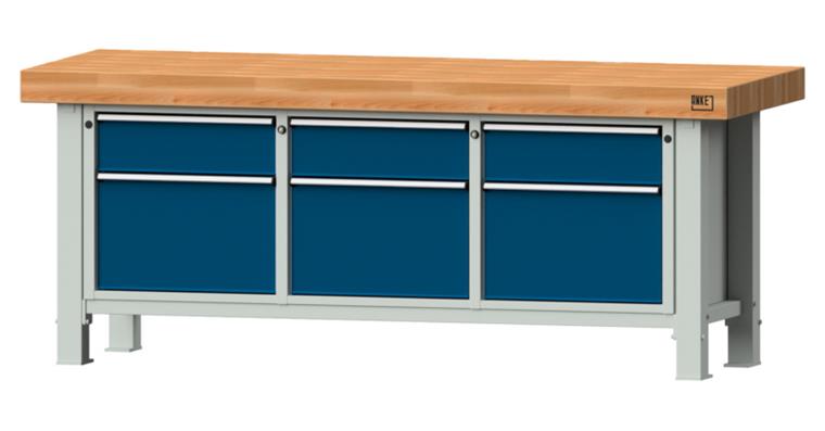 Heavy-duty workbench 2250x800x900mm model 223VS beech solid plate RAL 7035/5010