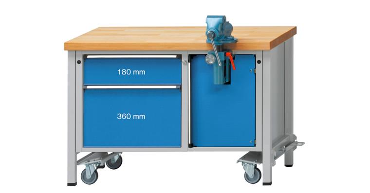Montagewerkbank fahrbar 2 Schubladen B1270xT700xH850 mm RAL7035/7016