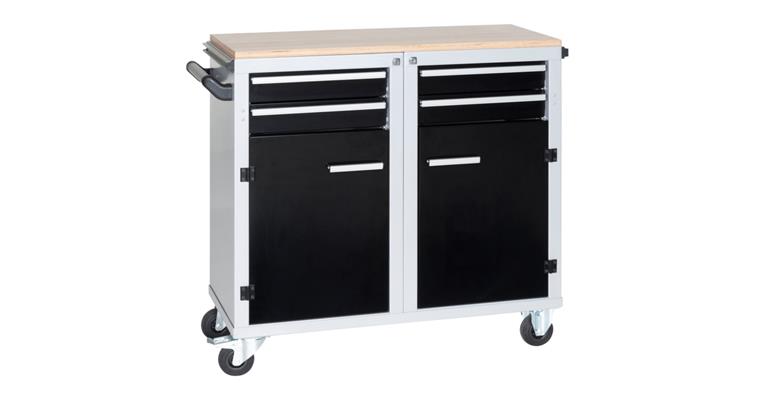 Clip-O-Flex wheeled workbench w/2 doors + 4 drawers w/extensions and 12 trays