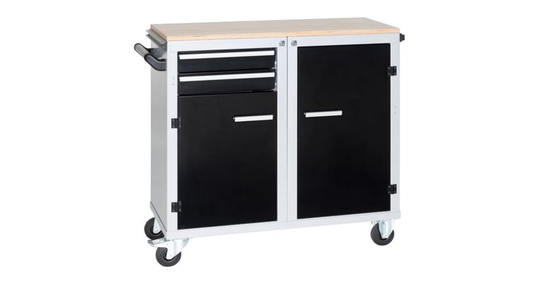 Clip-O-Flex wheeled workbench w/2 doors+2 drwrs w/fixed supp. angles+14 trays