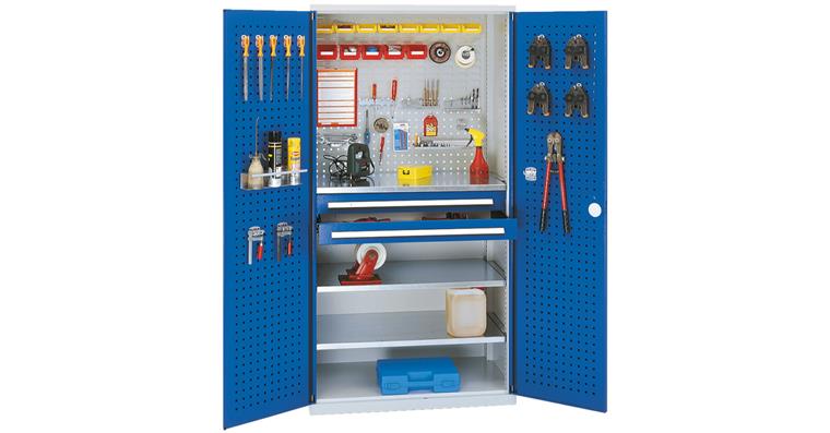 Schrank m. Lochplattentür, Mod. 1, 7035/5012, 3 Böden, 2 Schubladen