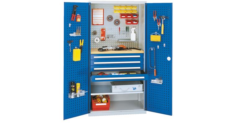 Schrank m. Lochplattentür, Mod. 3, 7035/5012, 1 Böden, 4 Schubladen