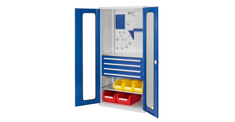 Schrank m. Sichtfenstertür, Mod. 4, 7035/5012, 2 Böden, 4 Schubladen