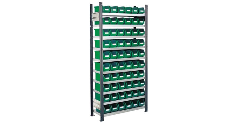 Ordnungsregal 1000x300 H=2000 Grundfeld 10 Böden 60 Sichtlagerkästen