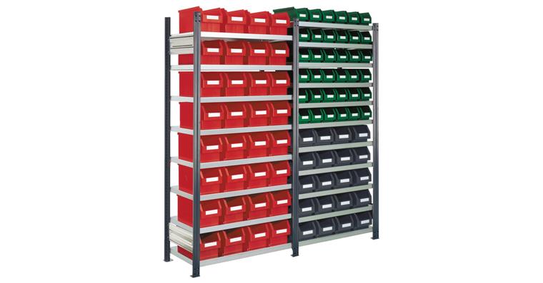 Storage rack 2000x400 H=2000 19 shelves 88 easy-view storage bins