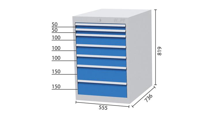1084301103 Drawer cabinet 7 drawers 7035/5012 2x50, 3x100, 2x150mm 555x736x819mm