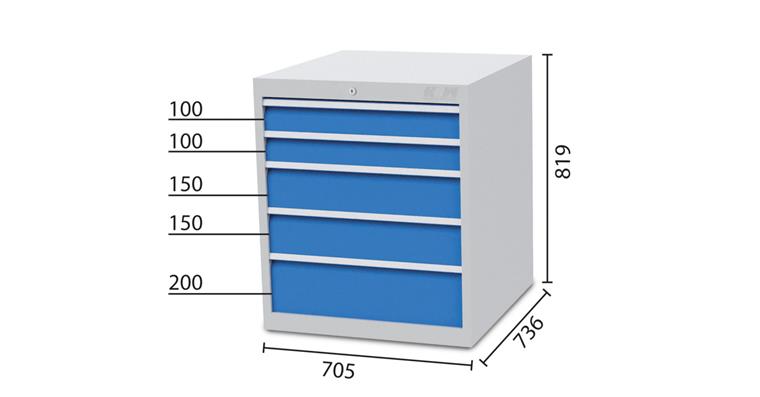 Schubladenschrank 5 Schubladen 7035/5012 2x100, 2x150, 1x200mm 705x736x819mm