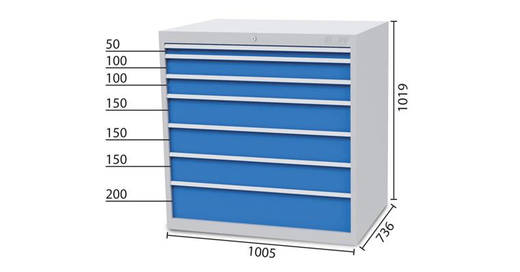 Drawer cabinet 7 drawers 5012 1x50 2x100 3x150 1x200mm 1005x736x1019