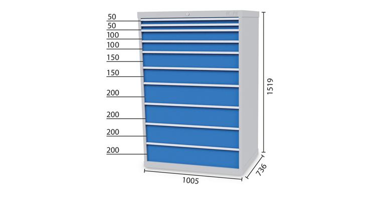 1084342106 Drawer cabinet 10 drawers 5012 2x50 2x100 2x150 4x200mm 1005x736x1519