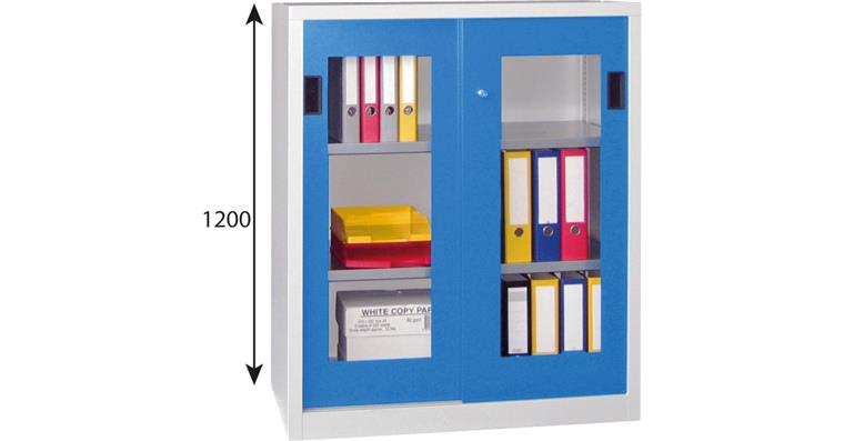 Schiebetürenschrank Sichtfenstertüren H 1200 x B 1000 x T 600 mm RAL 7035/5012