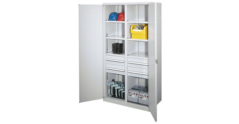 Schwerlastschrank+Mitteltrennw. 4 Schubl. Vollblechtüren 1950x1000x600 RAL 7035