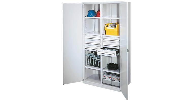 Schwerlastschrank+Mitteltrennw. 6 Schubl. Vollblechtüren 1950x1000x600 RAL 7035