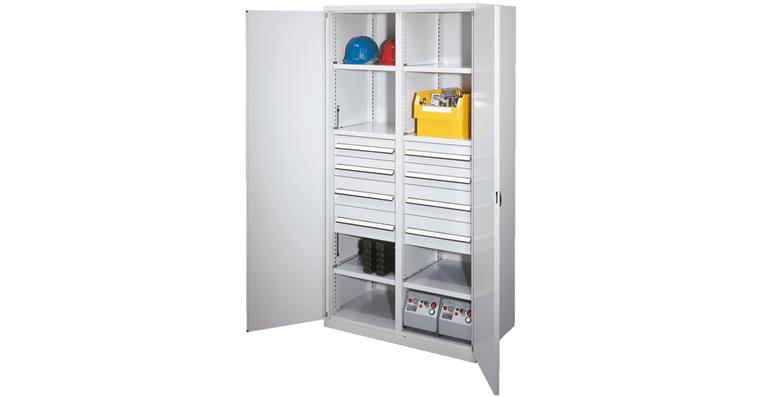 Schwerlastschrank+Mitteltrennw. 8 Schubl. Vollblechtüren 1950x1000x600 RAL 7035