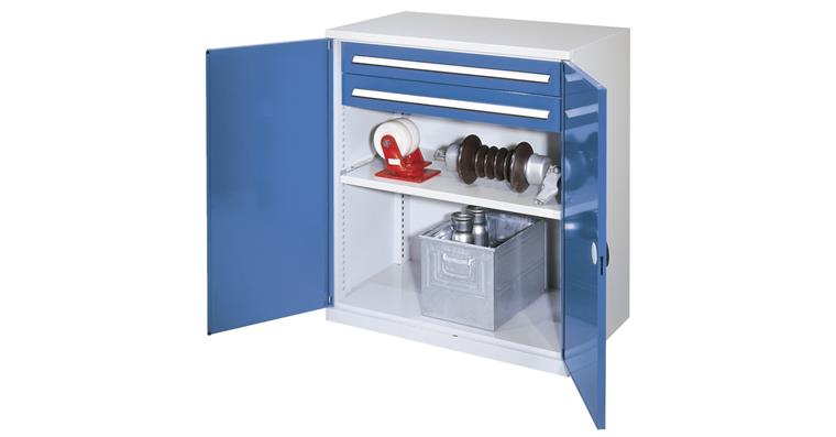 Schwerlastschrank 1110x1000x600mm RAL7035/5012 o.Trennwand 1 Fachboden 2 Schubl.