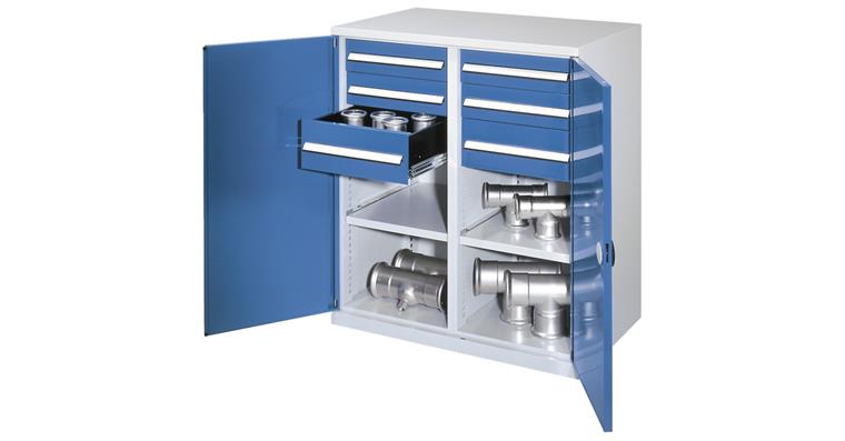 Schwerlastschrank 1110x1000x600mm RAL7035/5012 m.Trennwand 2 Fachböden 6 Schubl.