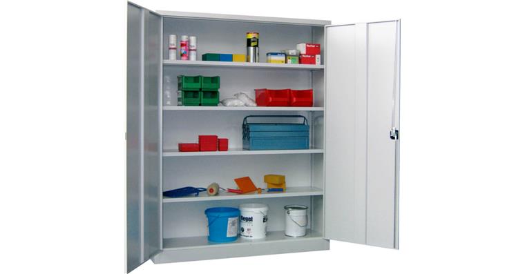 Flügeltürenschrank mit 4 Fachböden 1950x1500x400 mm RAL 7035/5012 Tragkraft 80kg