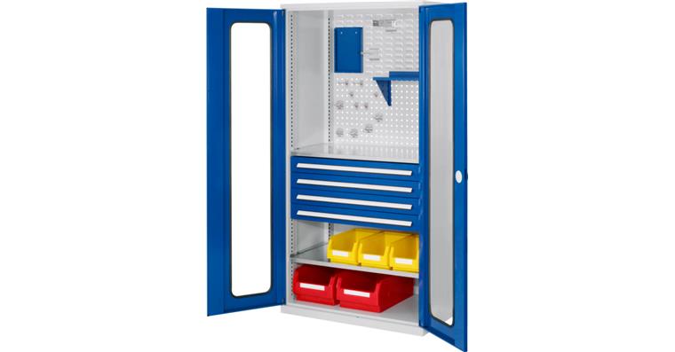 Schrank m. Schlitzplattentür, Mod. 4, 7035/5012, 2 Böden, 4 Schubladen