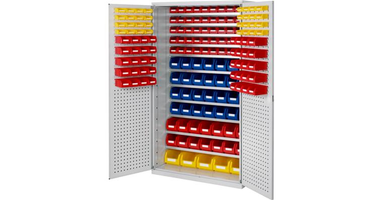 Großraumschrank 1950x1130x590 mm RAL 7035/5012 169 Sichtlagerkästen 11 Fachböden