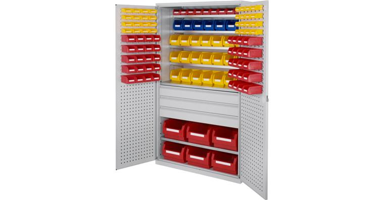 Großraumschrank 1950x1130x590 mm RAL 7035/5012 116 Sichtlagerkästen 6 Fachböden