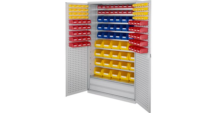 Großraumschrank 1950x1130x590 mm RAL 7035/5012 133 Sichtlagerkästen 9 Fachböden