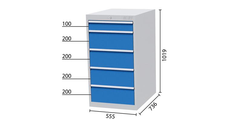 Schubladenschrank 5 Schubladen 7035/5010 1x100, 4x200mm-BTH 555x736x1019mm